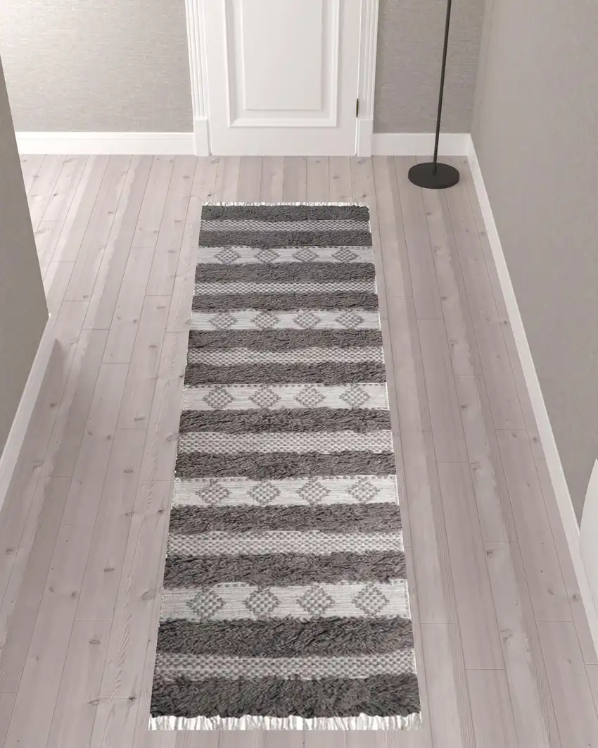 10' Grey And Silver Wool Striped Flatweave Handmade Stain Resistant Runner Rug With Fringe Photo 2