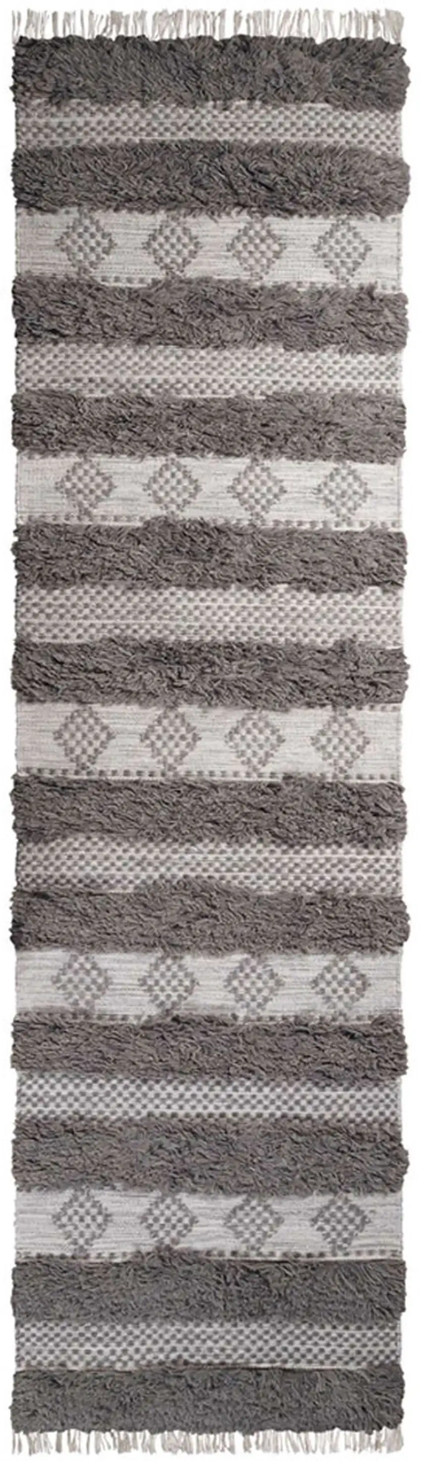 10' Grey And Silver Wool Striped Flatweave Handmade Stain Resistant Runner Rug With Fringe Photo 1