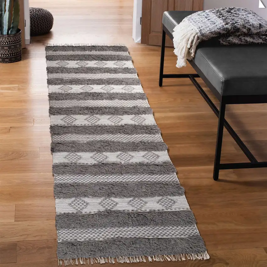 10' Grey And Silver Wool Striped Flatweave Handmade Stain Resistant Runner Rug With Fringe Photo 5
