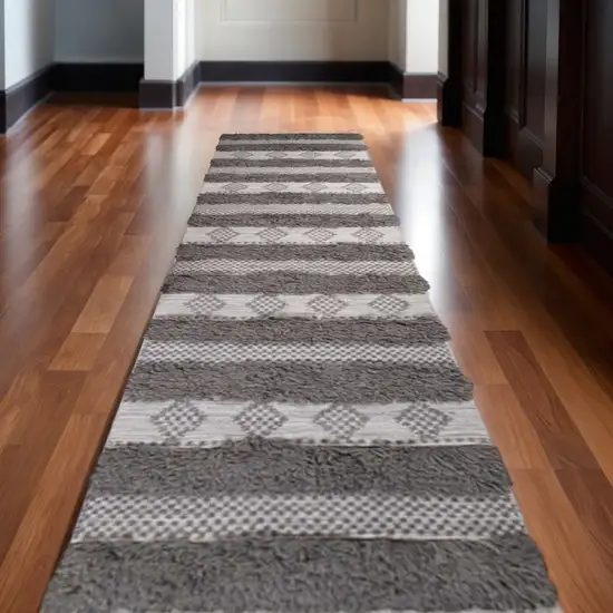 10' Gray And Charcoal Wool Striped Shag Flatweave Handmade Runner Rug With Fringe Photo 1