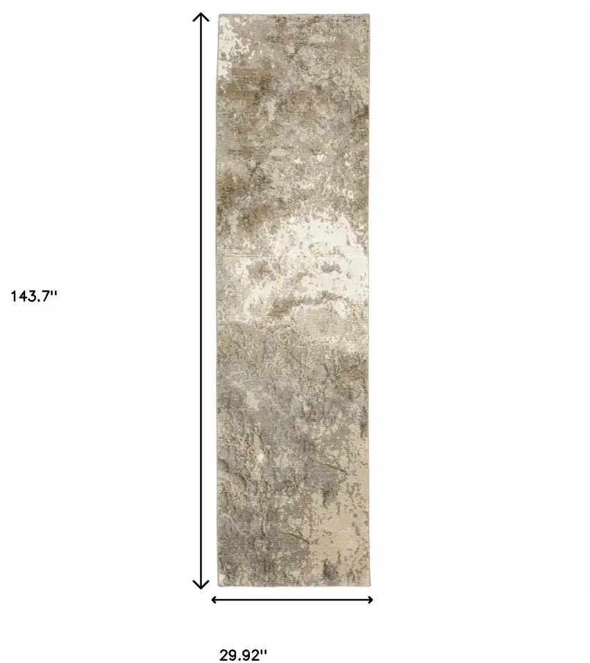 12' Grey Beige And Ivory Abstract Power Loom Runner Rug Photo 7