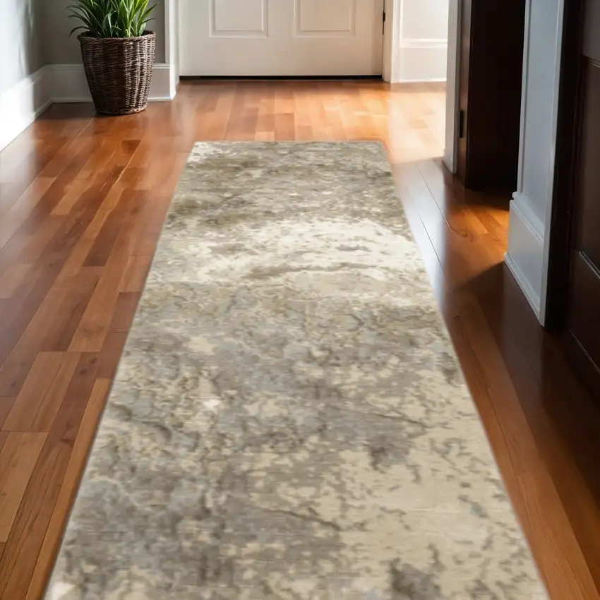 12' Gray Beige And Ivory Abstract Runner Rug Photo 1