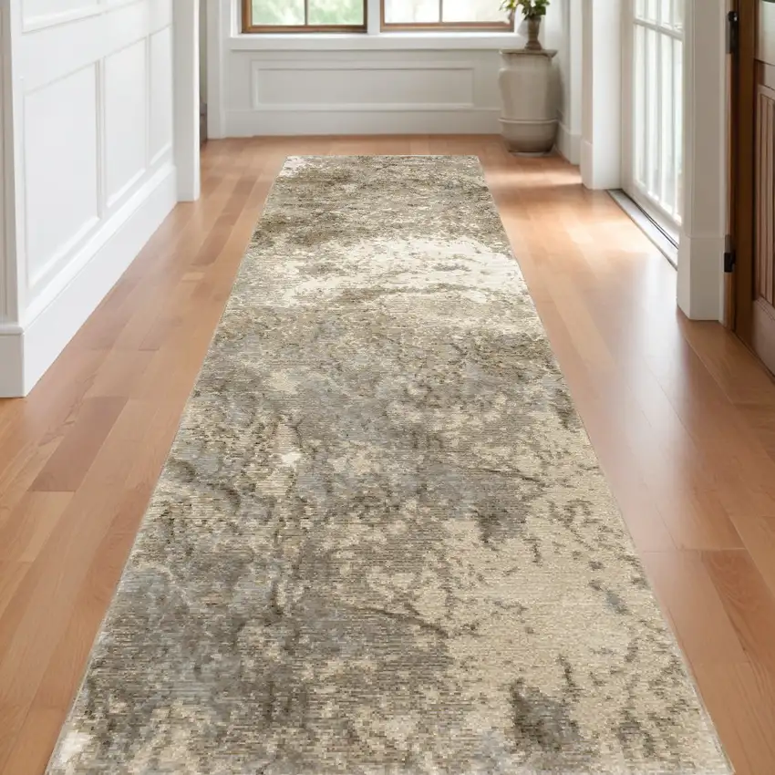 Grey Beige and Ivory Abstract Power Loom Runner Rug Photo 1