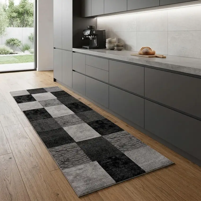 8' Grey Checkered Power Loom Runner Rug Photo 1