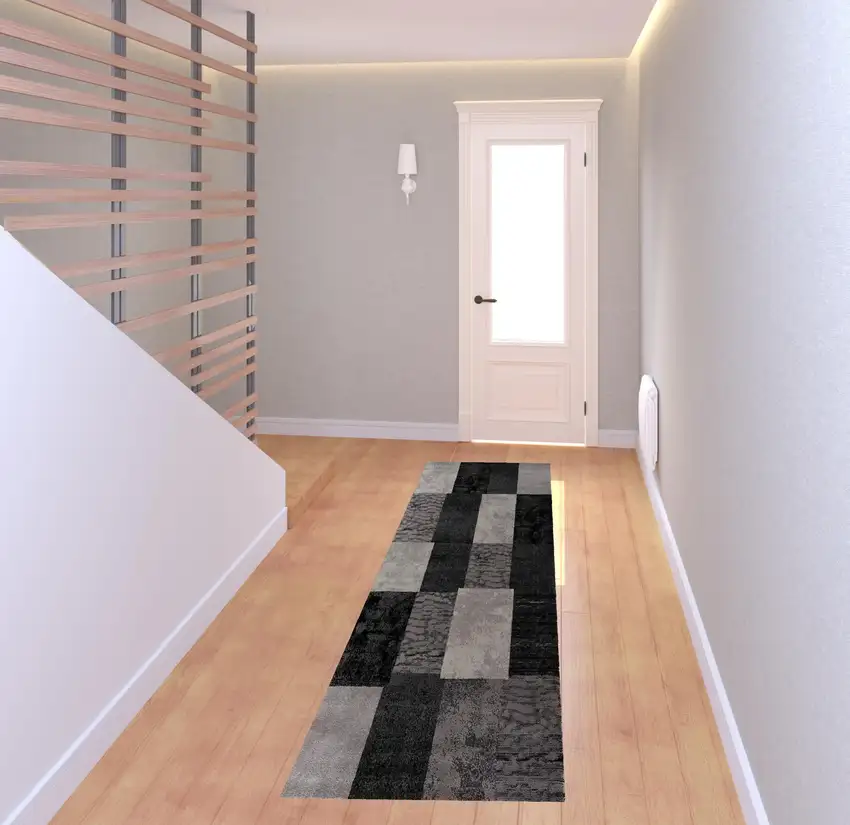 8' Grey Checkered Power Loom Runner Rug Photo 2
