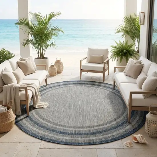 8' Blue And Gray Round Striped Indoor Outdoor Area Rug Photo 1