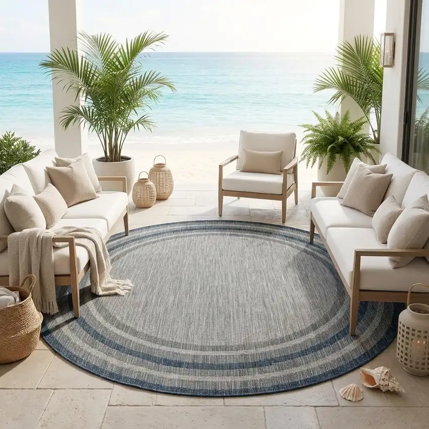 8' Blue And Gray Round Striped Indoor Outdoor Area Rug Photo 1