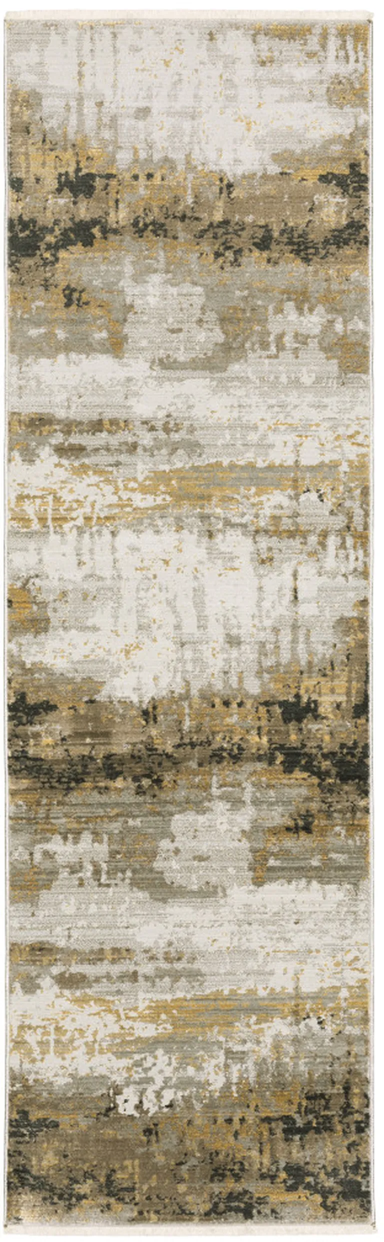8' Grey Gold Black Charcoal And Beige Abstract Power Loom Runner Rug With Fringe Photo 1