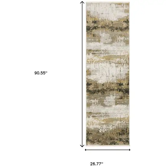 8' Grey Gold Black Charcoal And Beige Abstract Power Loom Runner Rug With Fringe Photo 7