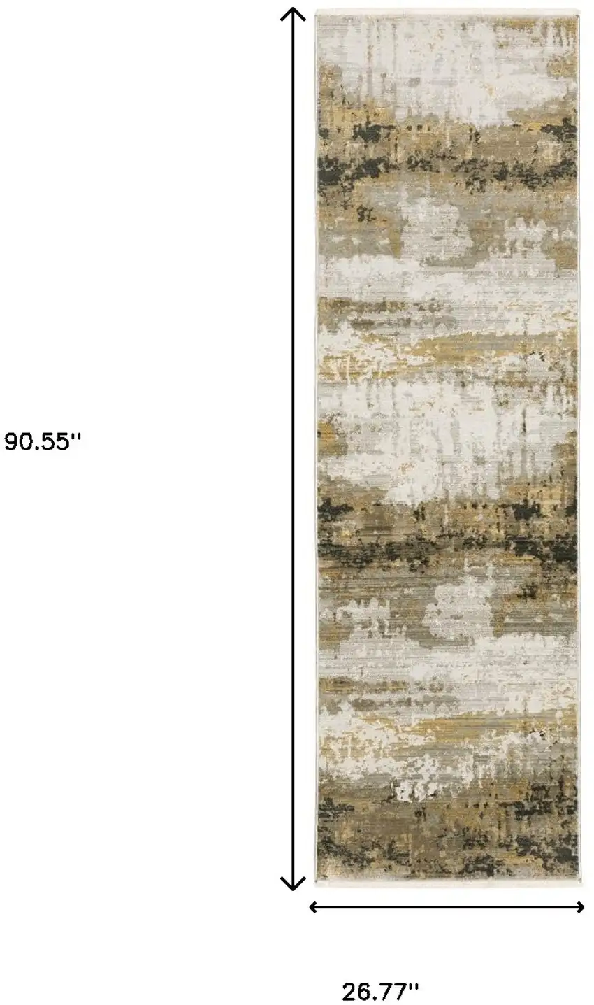 8' Grey Gold Black Charcoal And Beige Abstract Power Loom Runner Rug With Fringe Photo 7
