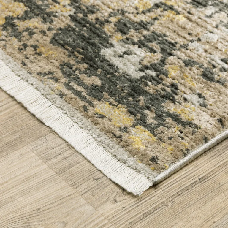 8' Grey Gold Black Charcoal And Beige Abstract Power Loom Runner Rug With Fringe Photo 4