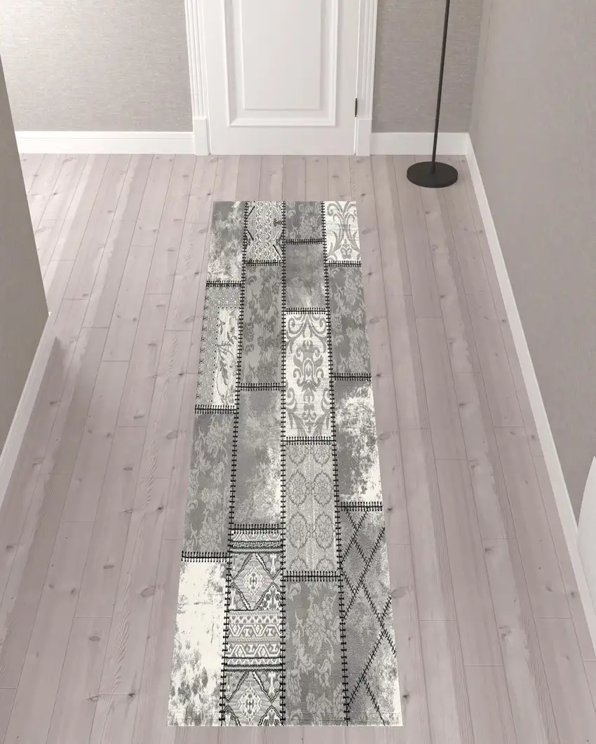 10' Grey Patchwork Power Loom Runner Rug Photo 2