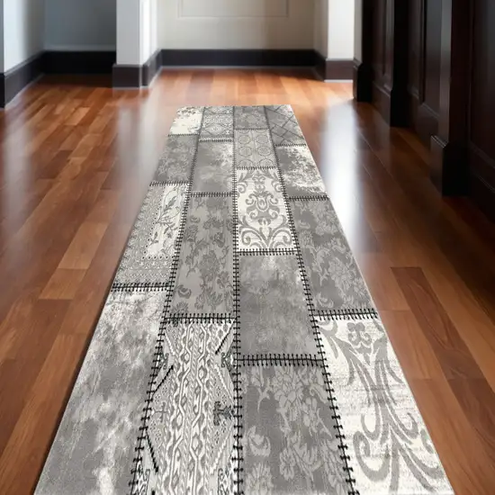 10' Grey Patchwork Power Loom Runner Rug Photo 2