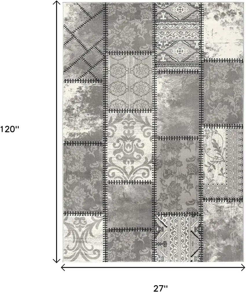 10' Grey Patchwork Power Loom Runner Rug Photo 8