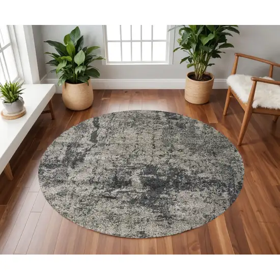 8' Grey Round Abstract Power Loom Stain Resistant Area Rug Photo 1