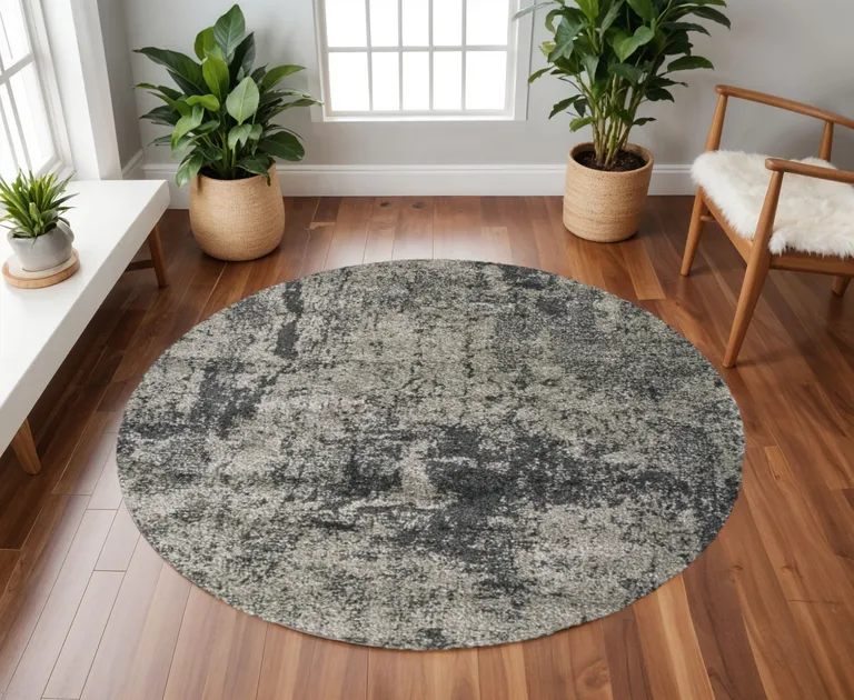8' Grey Round Abstract Power Loom Stain Resistant Area Rug Photo 4