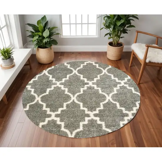 8' Grey Round Geometric Power Loom Stain Resistant Area Rug Photo 1