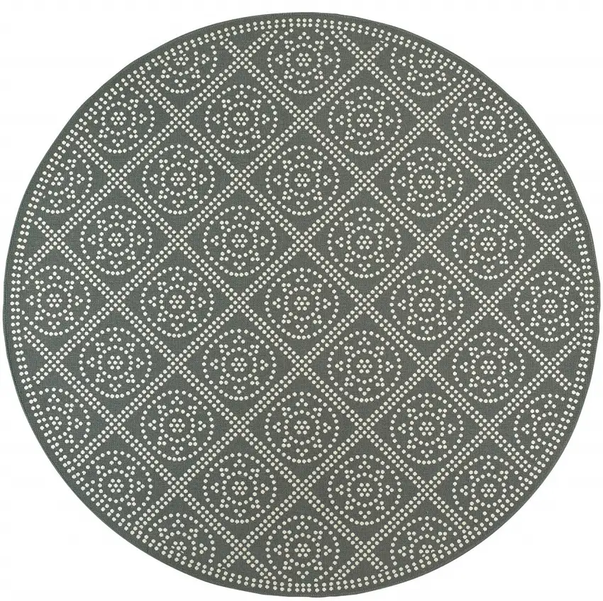 8' Grey Round Geometric Stain Resistant Indoor Outdoor Area Rug Photo 2