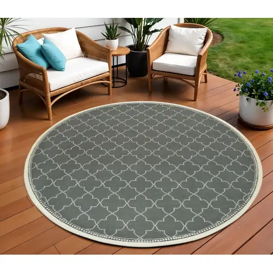 Gray and Ivory Round Geometric Stain Resistant Indoor Outdoor Area Rug Photo 1