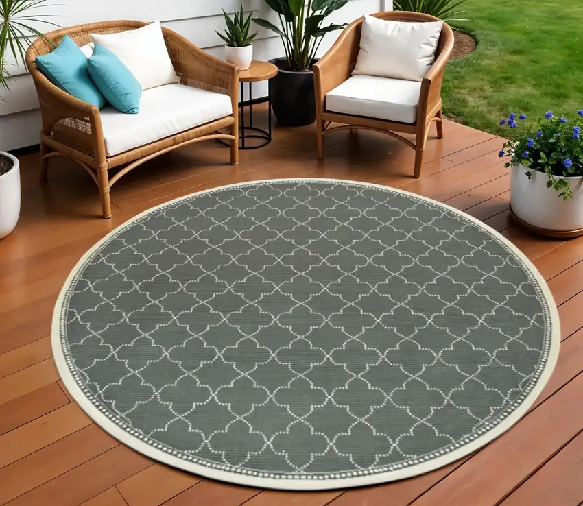 Gray and Ivory Round Geometric Stain Resistant Indoor Outdoor Area Rug Photo 1