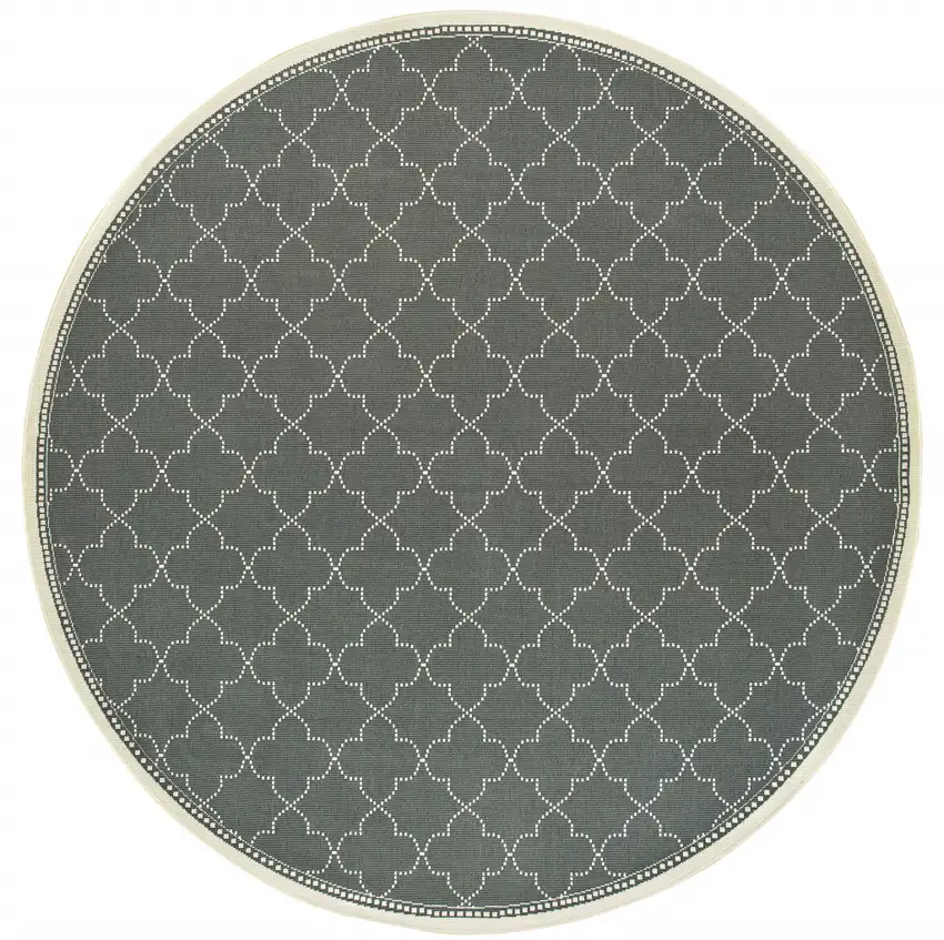 8' Grey Round Geometric Stain Resistant Indoor Outdoor Area Rug Photo 2