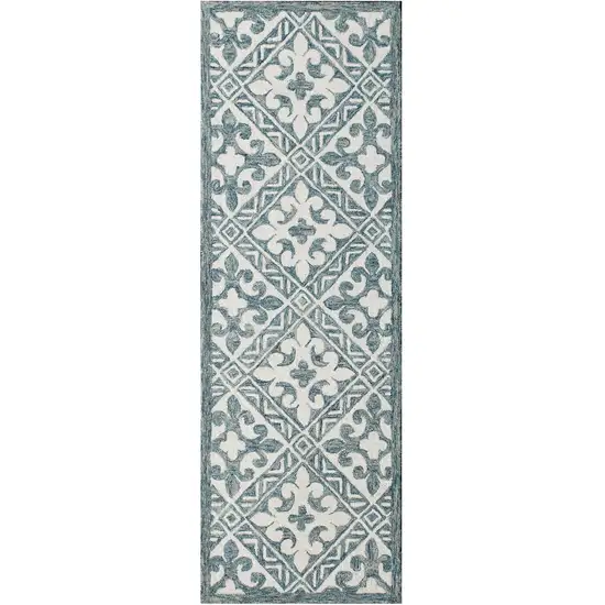 7' Indigo And Blue Wool Floral Hand Tufted Runner Rug Photo 3