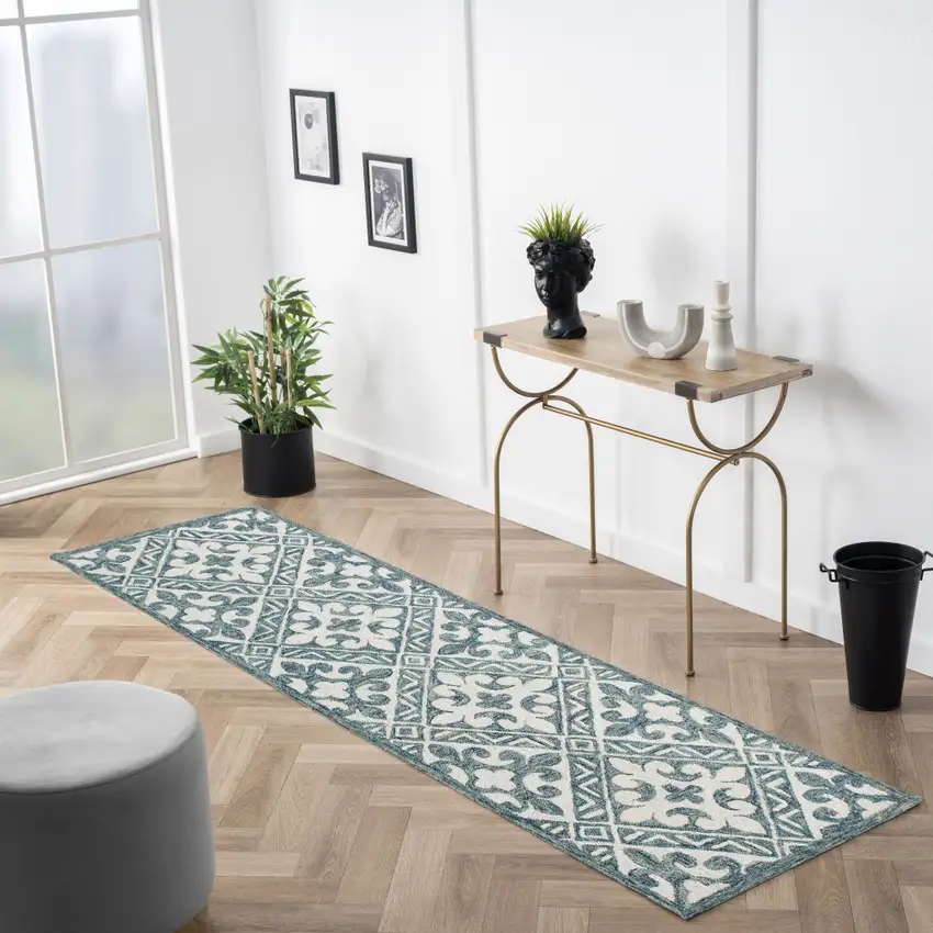 7' Indigo And Blue Wool Floral Hand Tufted Runner Rug Photo 4