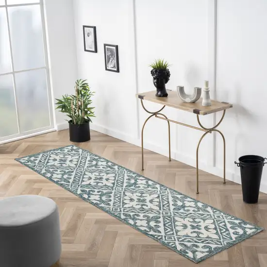 7' Indigo And Blue Wool Floral Hand Tufted Runner Rug Photo 4