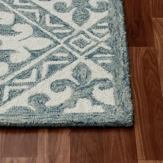 7' Indigo And Blue Wool Floral Hand Tufted Runner Rug Photo 7