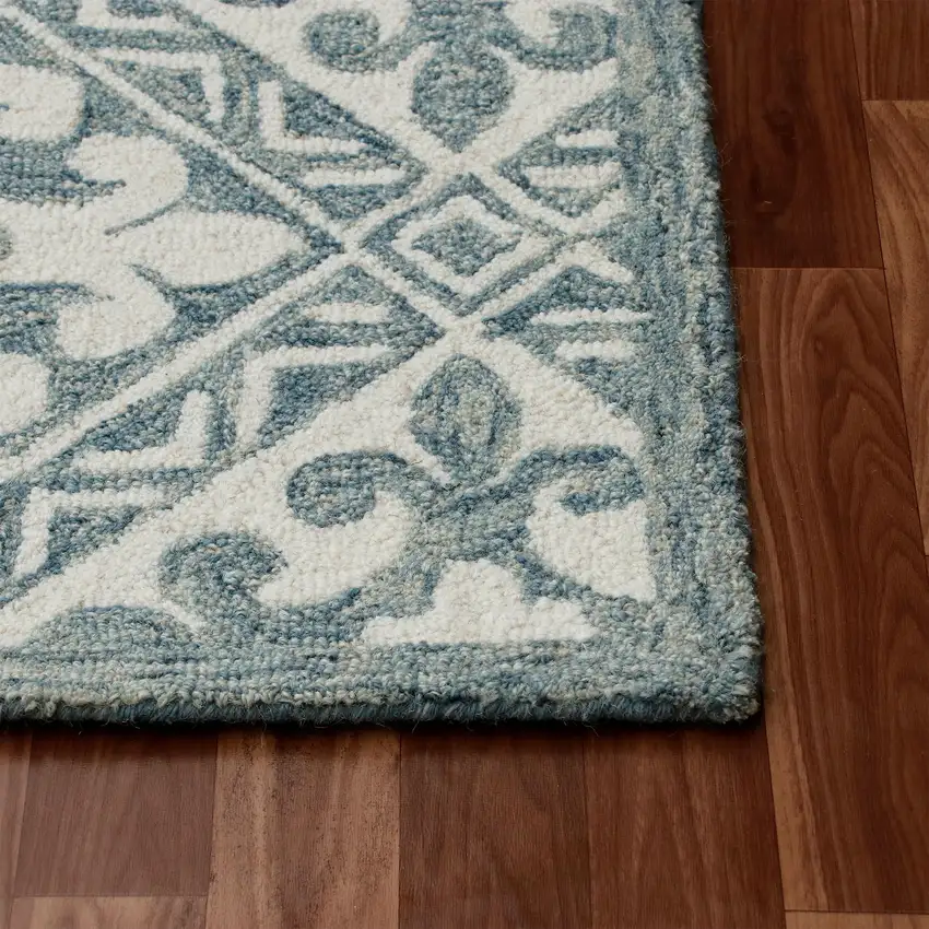 7' Indigo And Blue Wool Floral Hand Tufted Runner Rug Photo 7