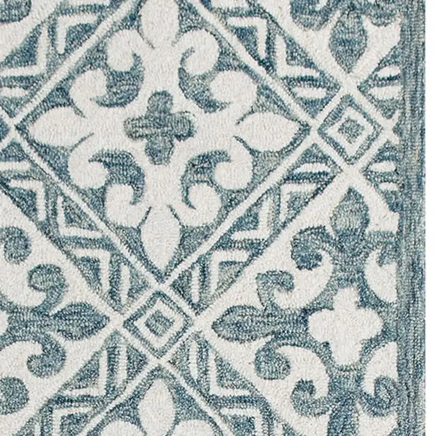 7' Indigo And Blue Wool Floral Hand Tufted Runner Rug Photo 2