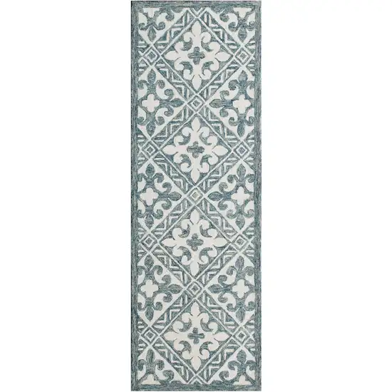 7' Indigo And Blue Wool Floral Hand Tufted Runner Rug Photo 1