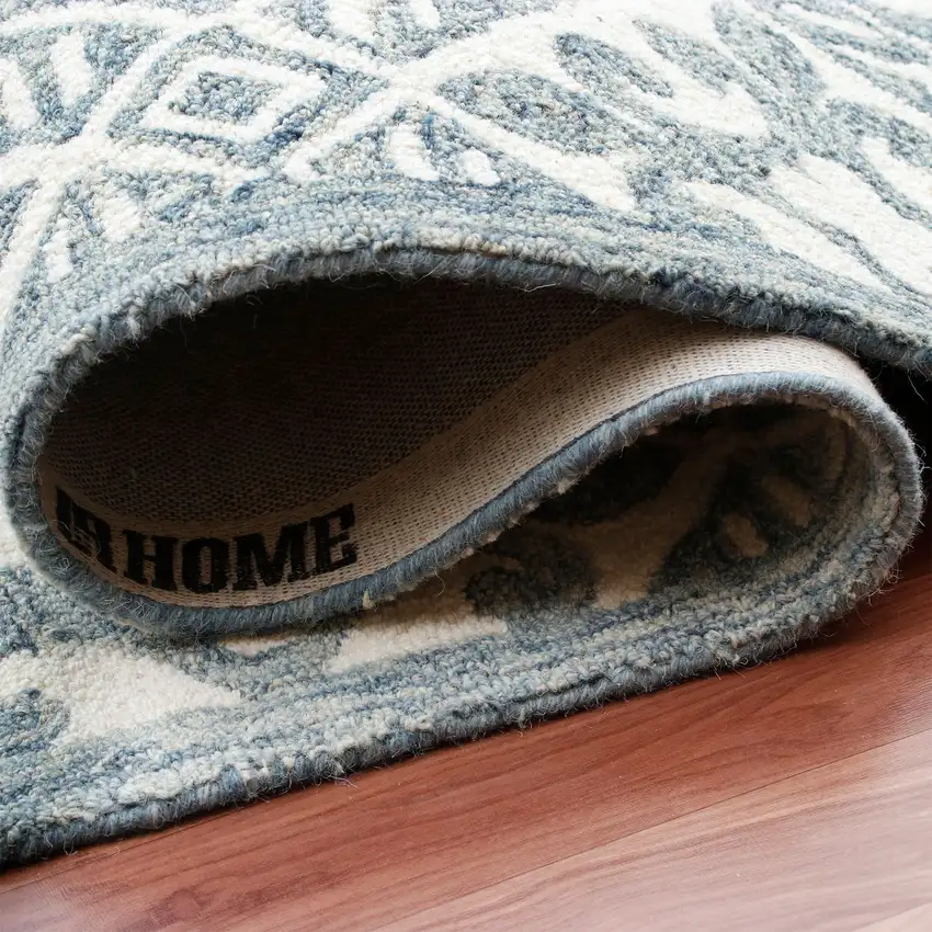 7' Indigo And Blue Wool Floral Hand Tufted Runner Rug Photo 5