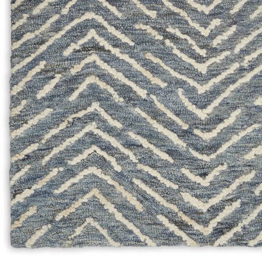 8' Indigo and Ivory Wool Chevron Runner Rug Photo 6