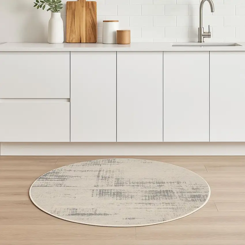 4' Ivory Abstract Power Loom Round Rug Photo 1