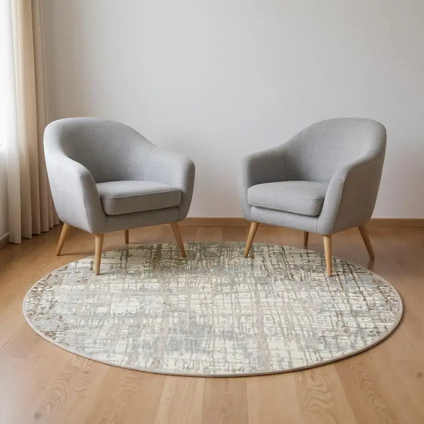 6' Ivory Abstract Round Rug Photo 1