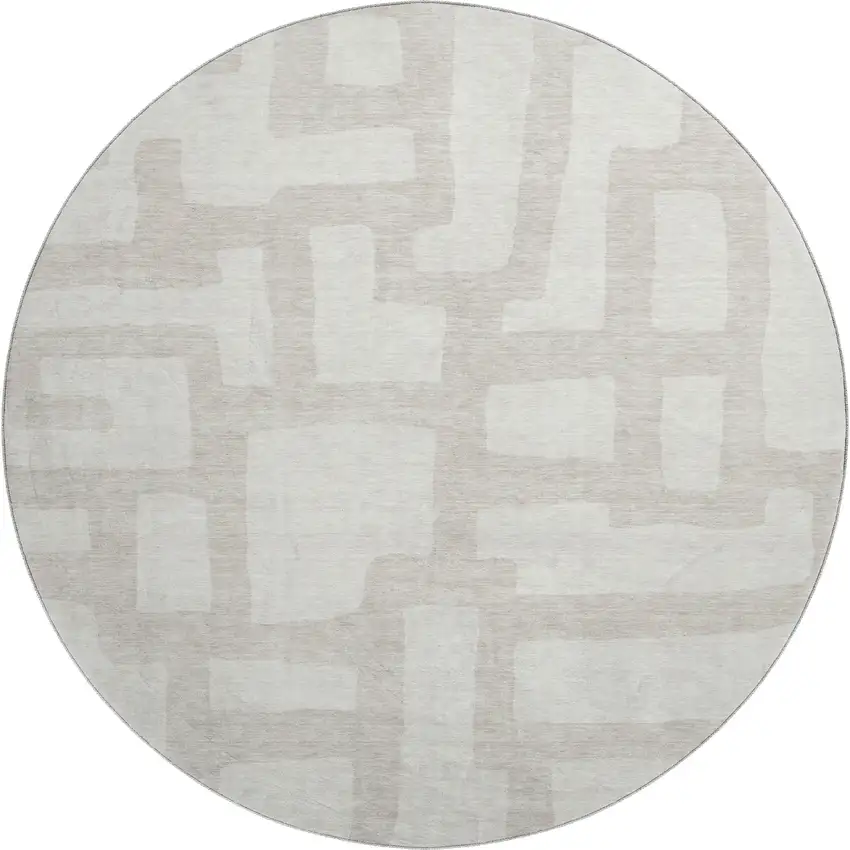 8' Ivory And Beige Abstract Geometric Washable Round Rug With UV Protection Photo 1