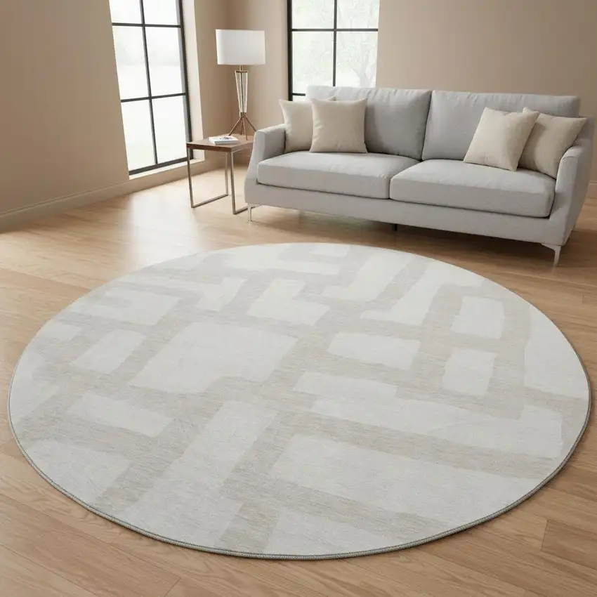 8' Ivory And Beige Abstract Geometric Washable Round Rug With UV Protection Photo 2