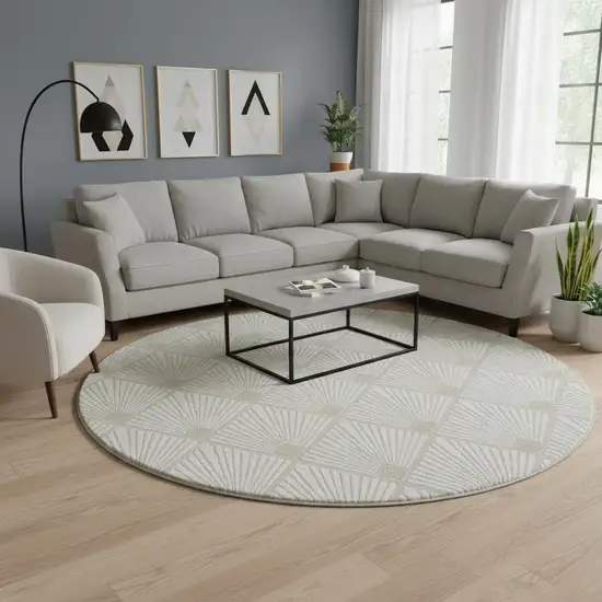 8' Ivory And Beige Abstract Geometric Washable Round Rug With UV Protection Photo 2