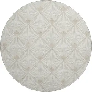 Photo of 8' Ivory And Beige Abstract Geometric Washable Round Rug With UV Protection