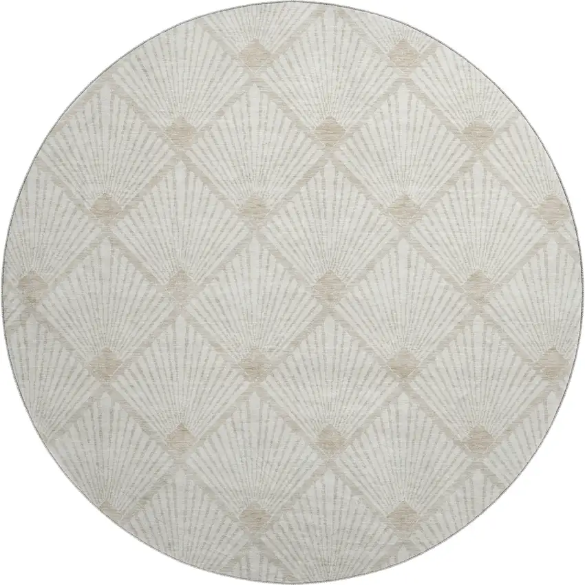 8' Ivory And Beige Abstract Geometric Washable Round Rug With UV Protection Photo 1