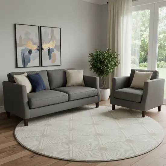 8' Ivory And Beige Abstract Geometric Washable Round Rug With UV Protection Photo 1