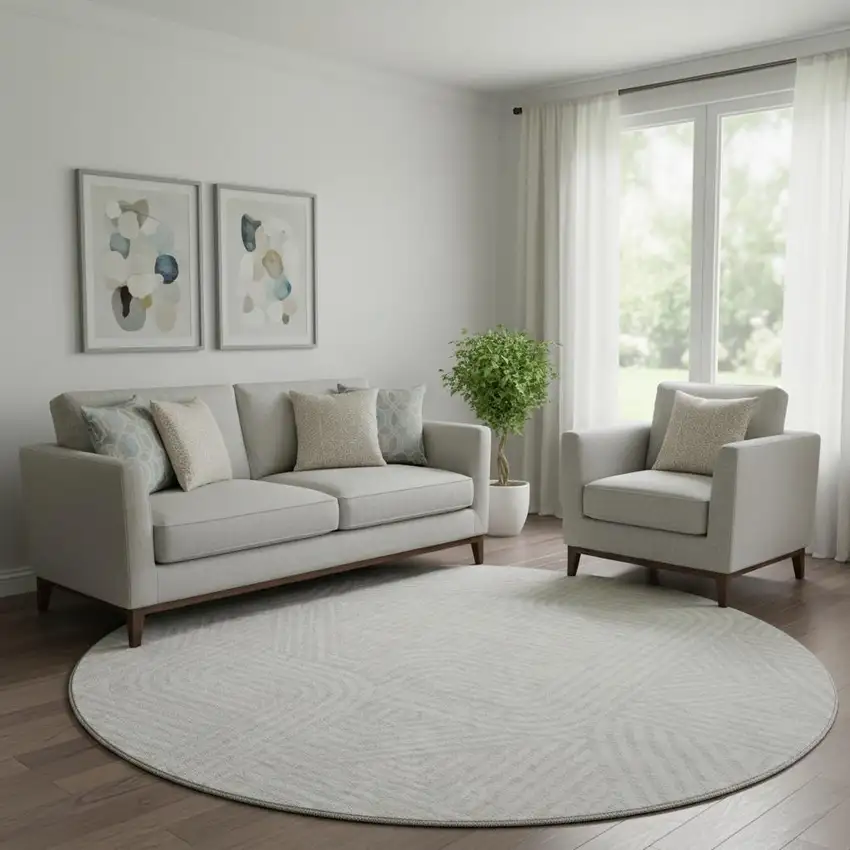 8' Ivory And Beige Abstract Geometric Washable Round Rug With UV Protection Photo 1