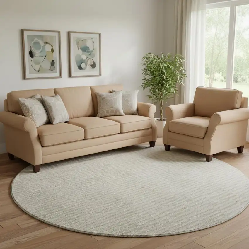 8' Ivory And Beige Abstract Geometric Washable Round Rug With UV Protection Photo 1