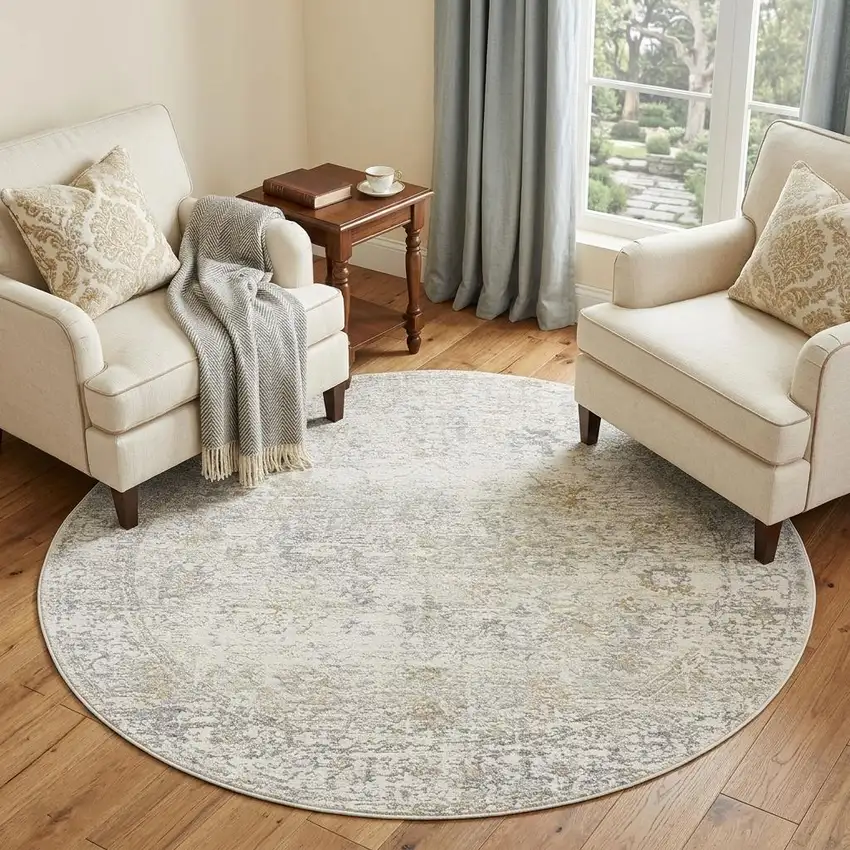 6' Ivory And Beige Abstract Round Rug Photo 1