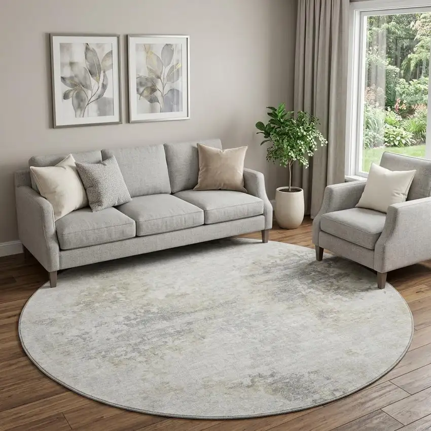 8' Ivory And Beige Abstract Washable Round Rug With UV Protection Photo 1