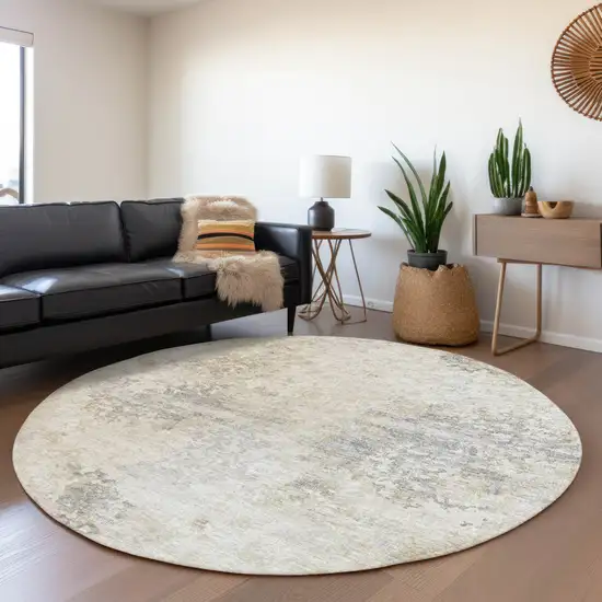 8' Ivory And Beige Abstract Washable Round Rug With UV Protection Photo 6