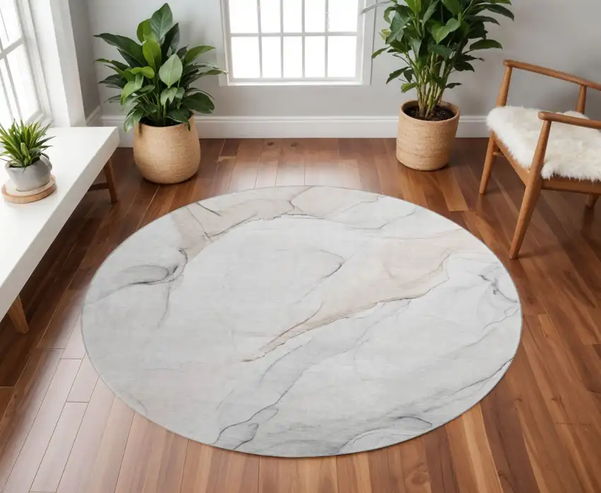 8' Ivory And Beige Abstract Washable Round Rug With UV Protection Photo 2