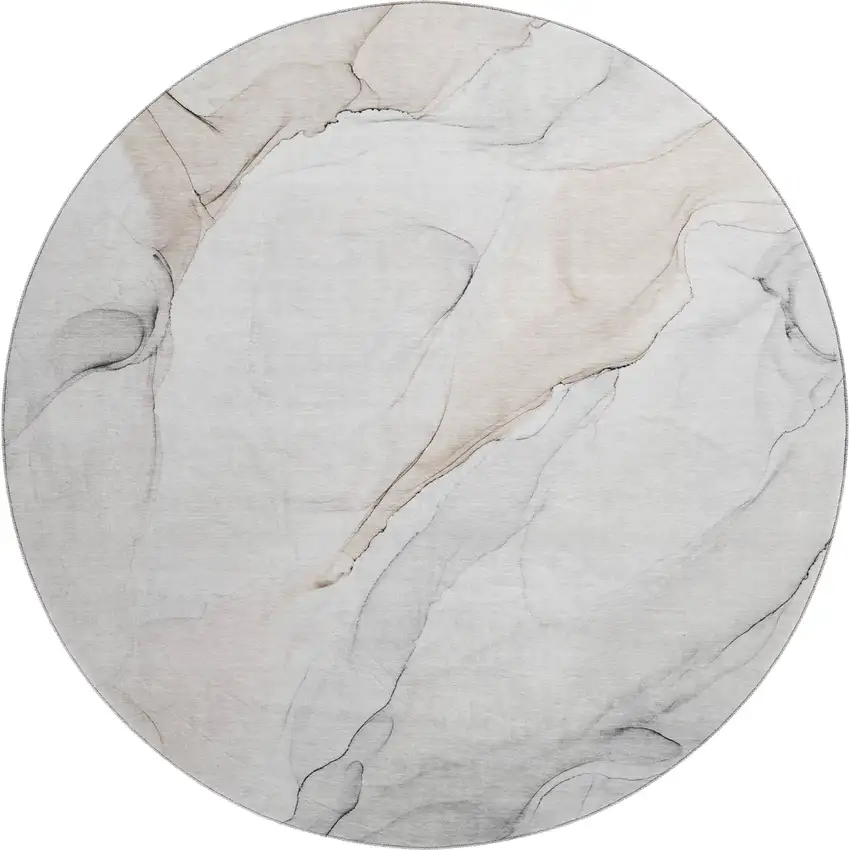 8' Ivory And Beige Abstract Washable Round Rug With UV Protection Photo 1