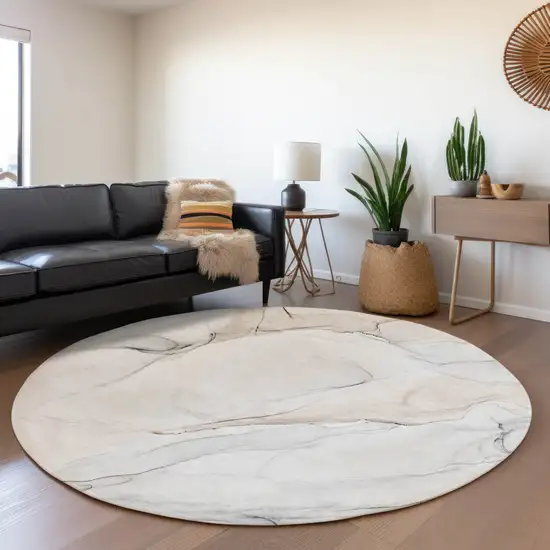 8' Ivory And Beige Abstract Washable Round Rug With UV Protection Photo 5